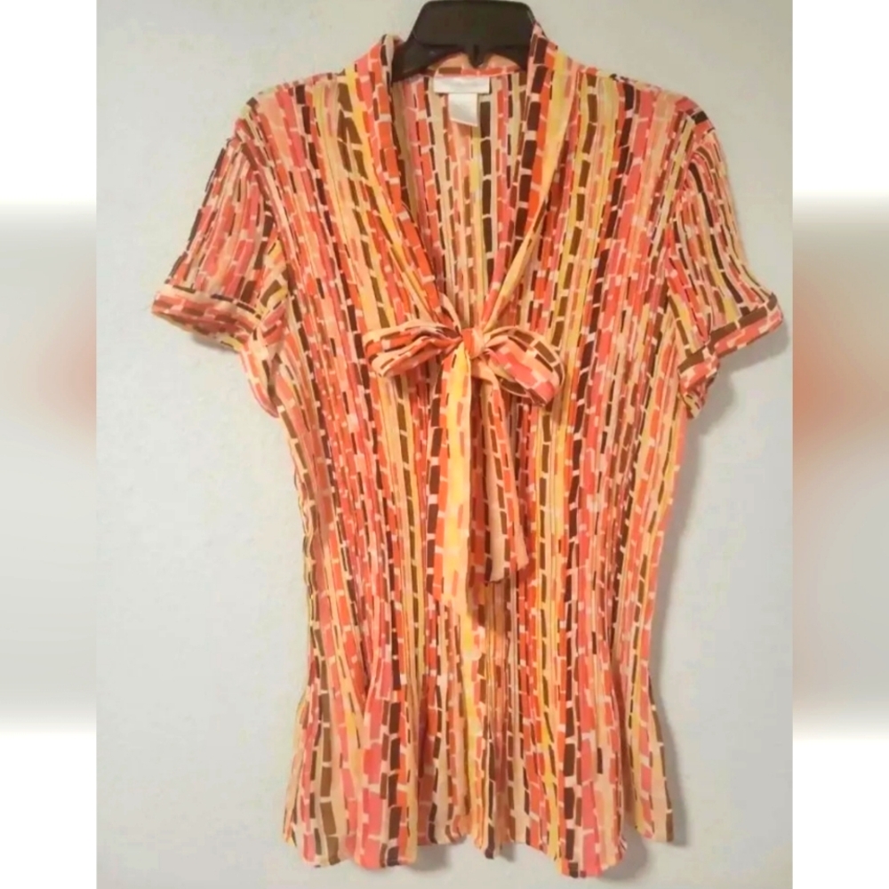 Worthington Orange Multicolor Semi Sheer expandex Button Down Shirt Top 1X